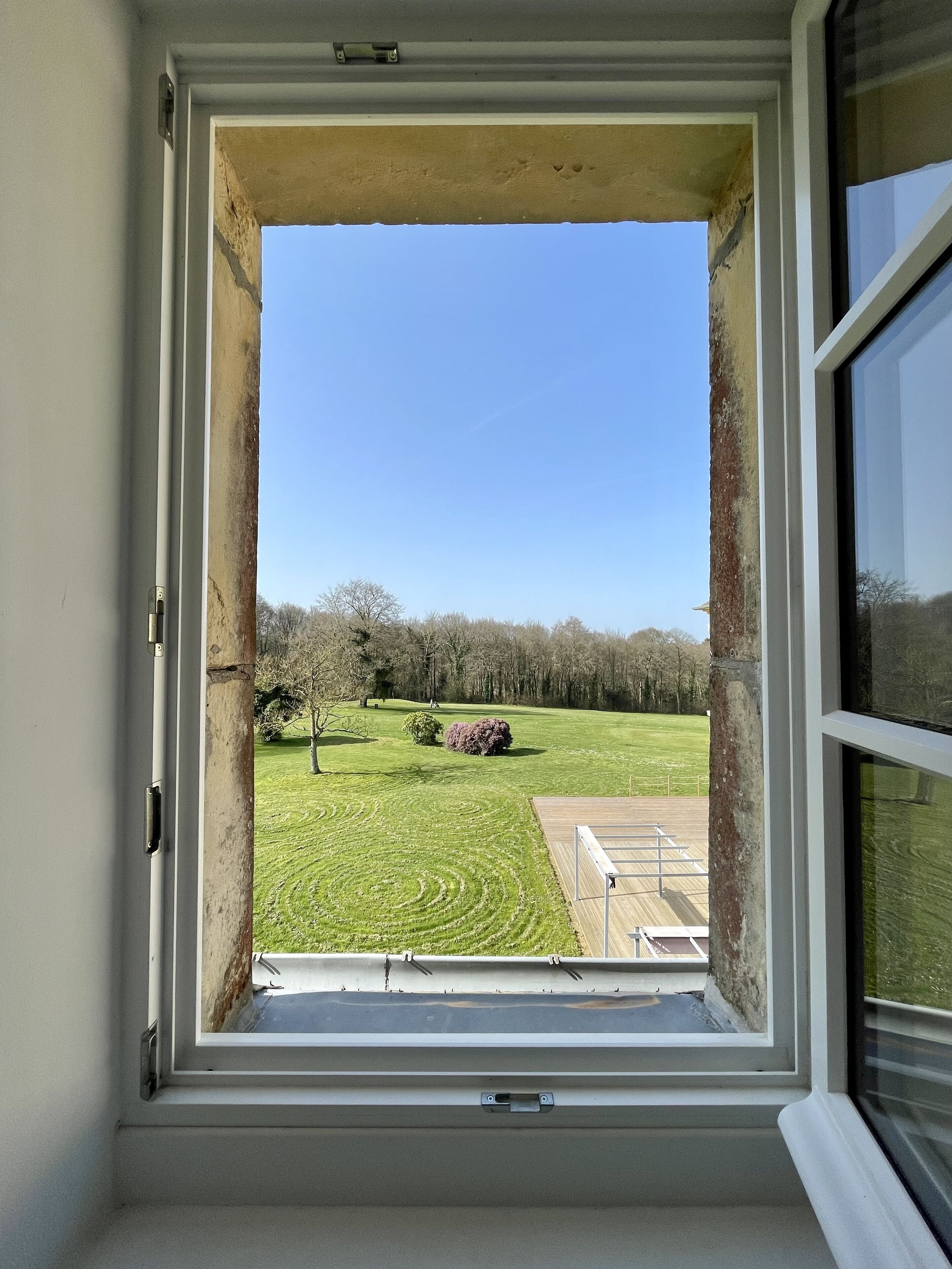 Vista a través de una ventana: cielo despejado, campo cubierto de hierba y árboles al fondo.