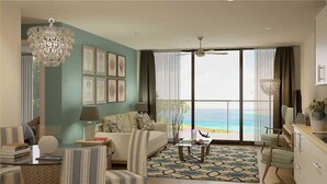 A spacious living room with a large window offering a view of the beach, a chandelier, and a sofa set. - Gulf Front Suite 201 Apartment 1 (Holmes Beach)