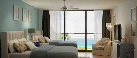 A hotel room with a bed, a sofa, a chair, a TV, and a balcony with a view of the sea.