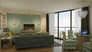 A modern living room with a sofa, a TV, and a balcony with a view. - The Anna Maria Luxury Suite Apartment 1 (Holmes Beach)