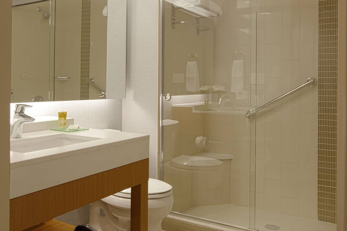 rainfall showerhead, free toiletries, hair dryer, towels