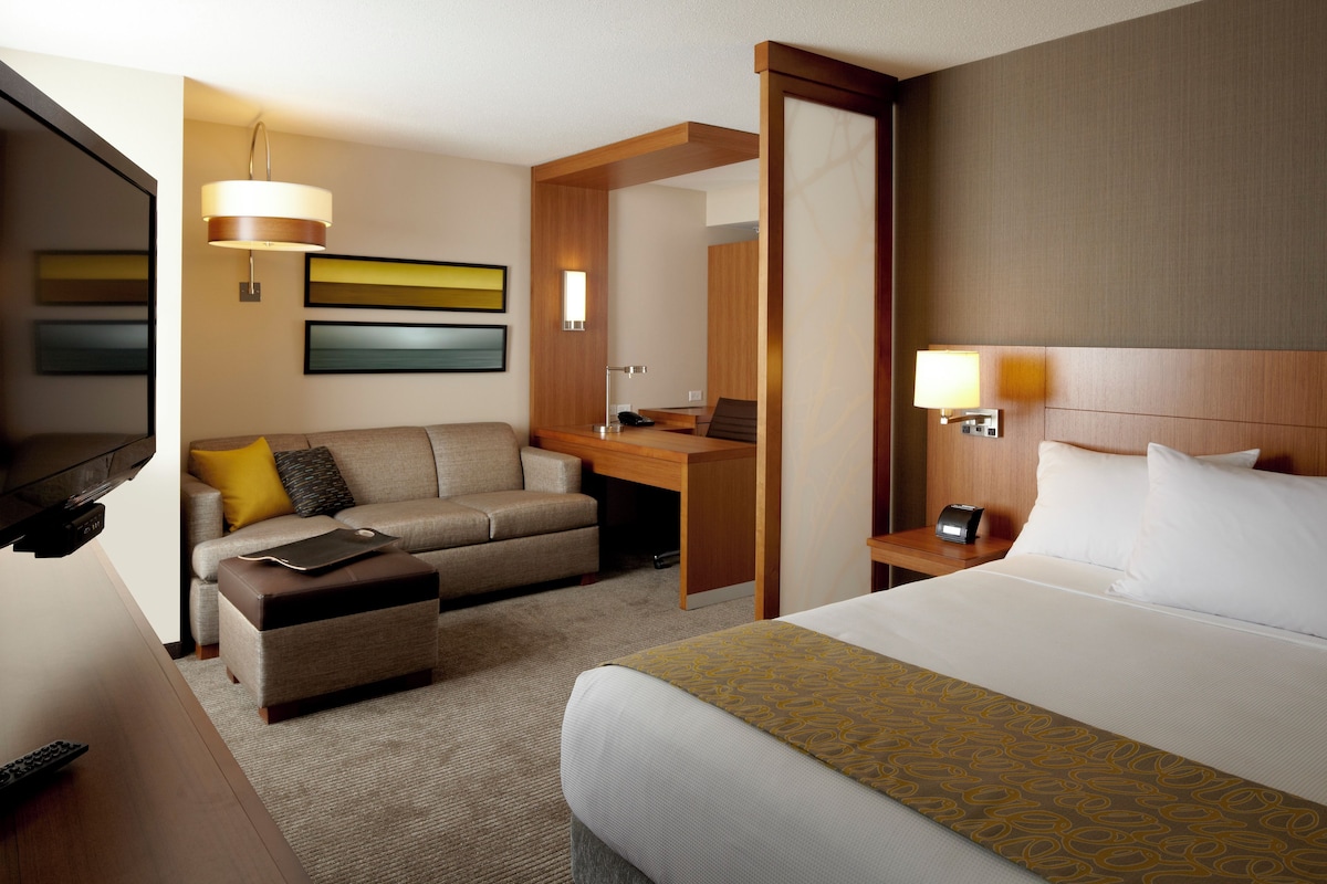 A hotel room with a bed, a sofa, a desk, a TV, and a lamp.