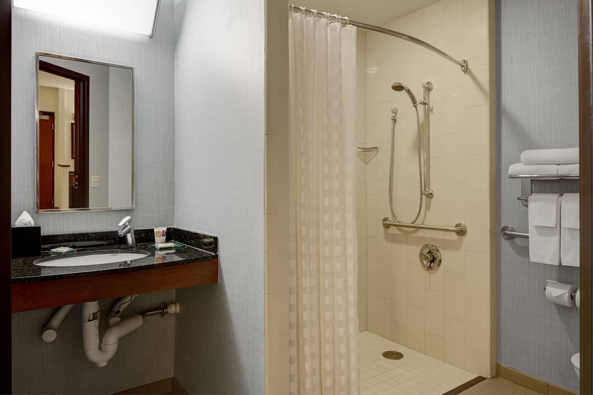 A bathroom with a sink, mirror, shower, and towel rack.
