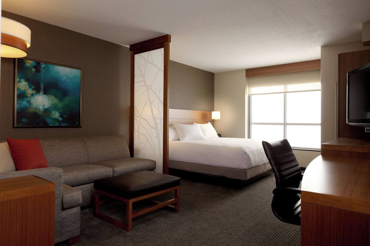 A hotel room with a bed, a sofa, a desk, a chair, a TV, and a painting on the wall.