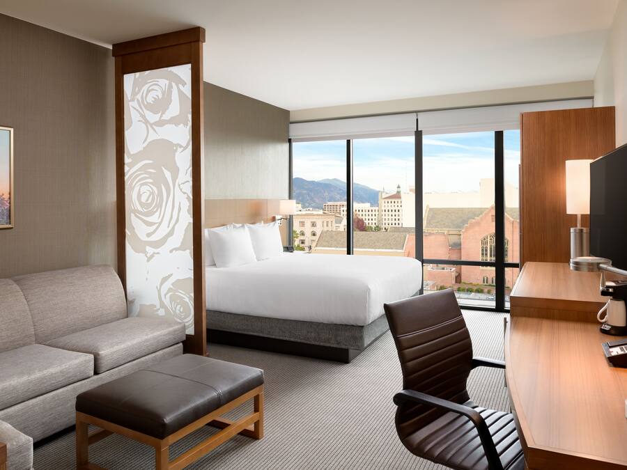 Habitación de hotel con cama, sofá, escritorio y televisor.