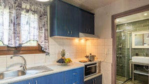A kitchen with blue cabinets, a stainless steel sink, and a microwave. - Anneta Studios (Igoumenitsa)