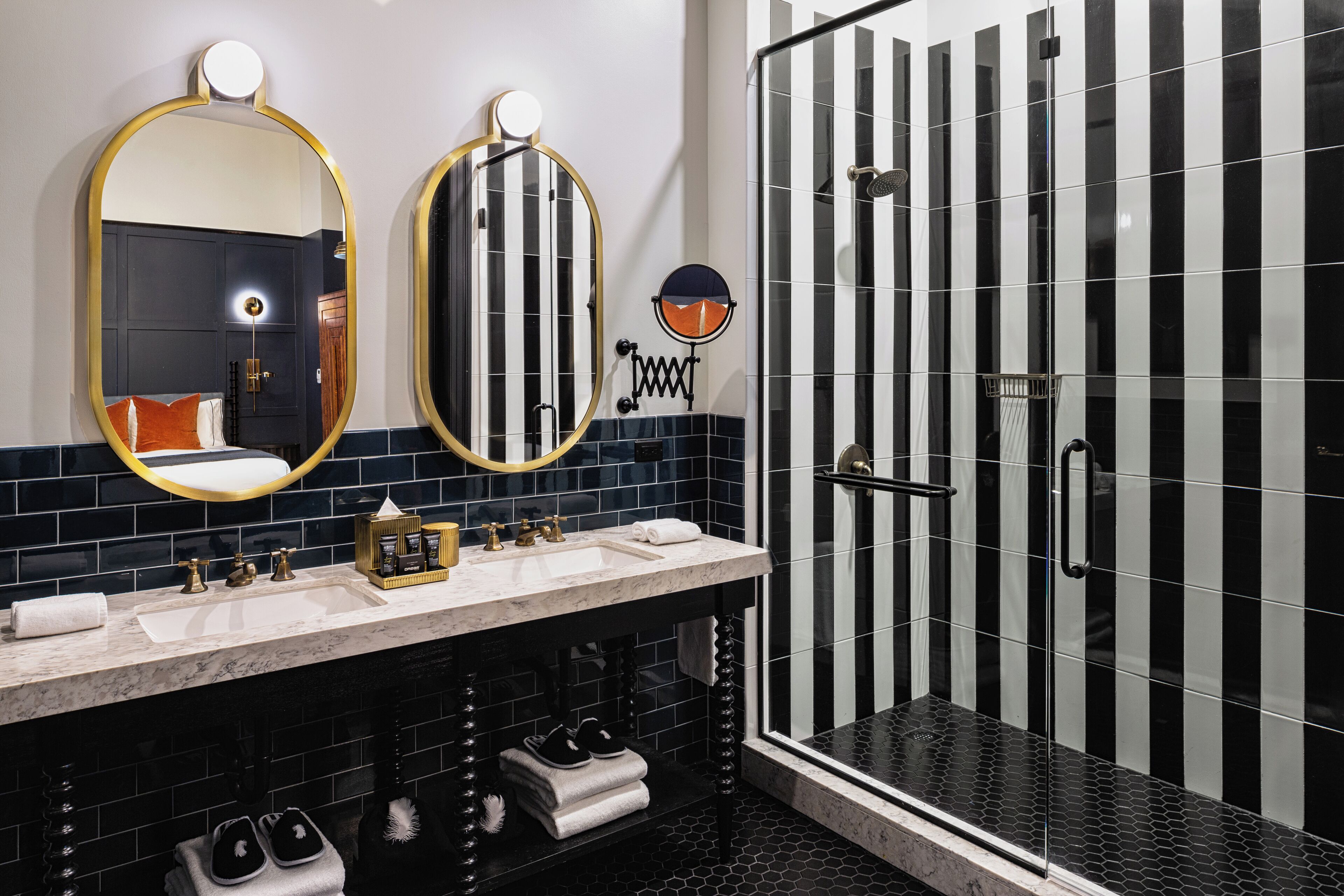 studio, 1 king bed (silver) | bathroom | shower, rainfall showerhead, designer toiletries, hair dryer