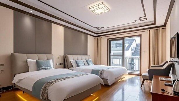 A hotel room with two beds, a desk, and a large window. - Zhouzhuang Yuesheng Hotel (Kunshan)