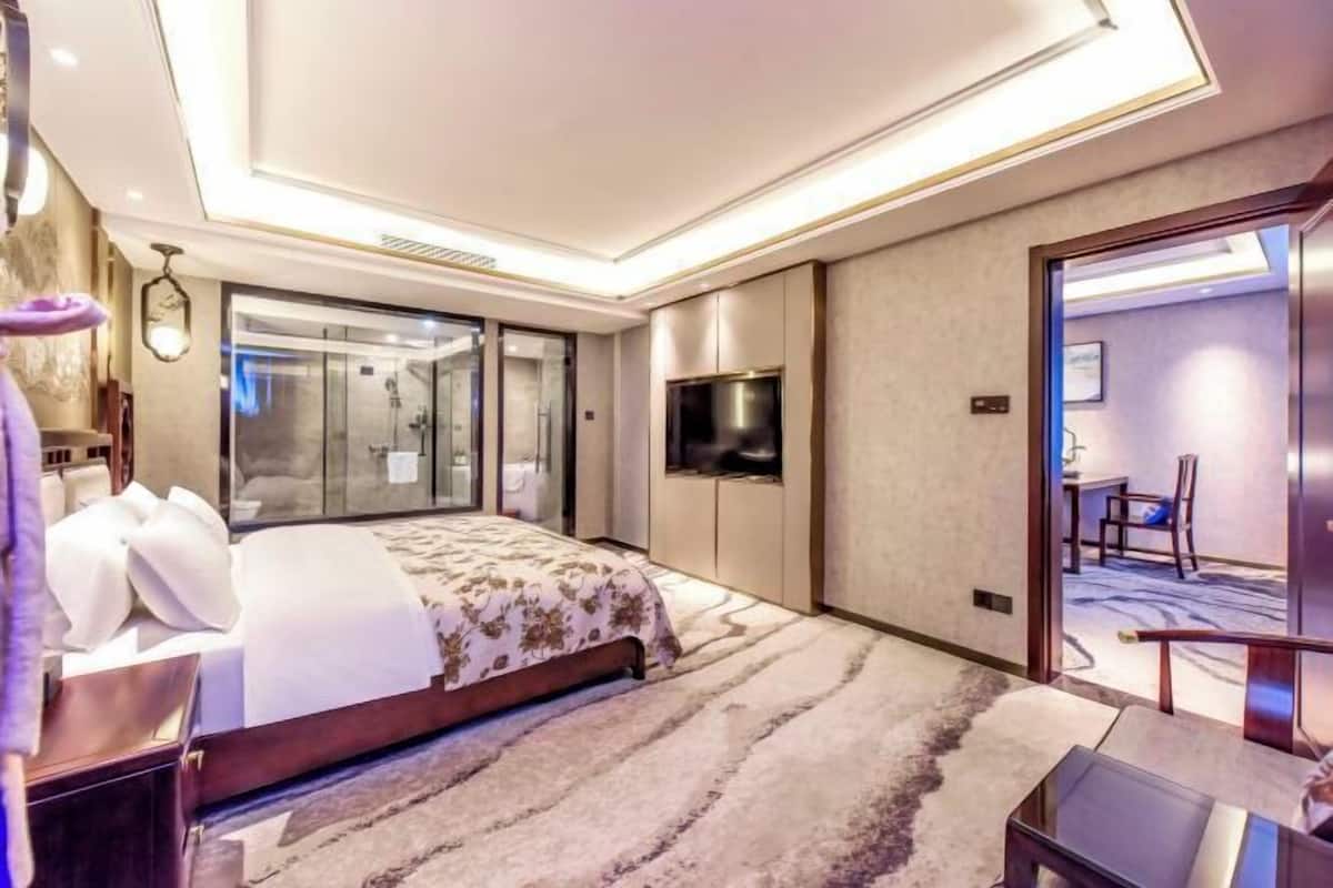 A modern hotel room with a large bed, a flat-screen TV, a glass shower, and a seating area with a view.