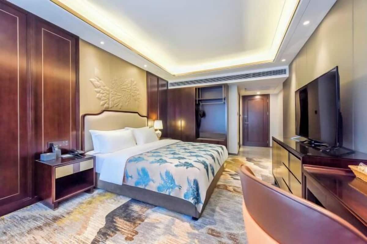 A hotel room with a large bed, a TV, a desk, and a wardrobe.