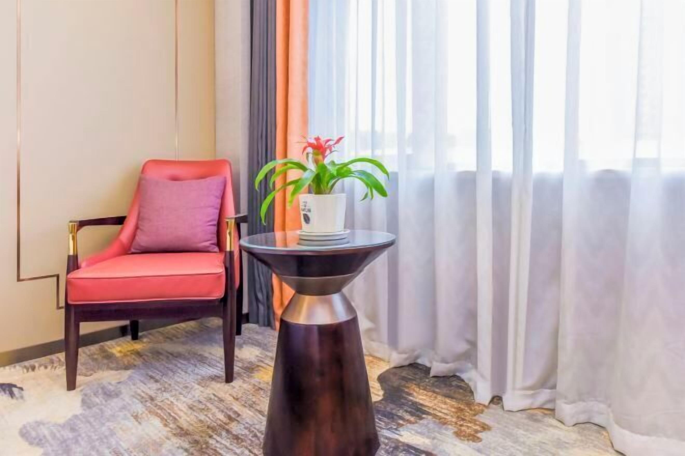 Une chambre d’hôtel avec un fauteuil rouge, une petite table sur laquelle est posée une plante, et une vue à travers des rideaux transparents.