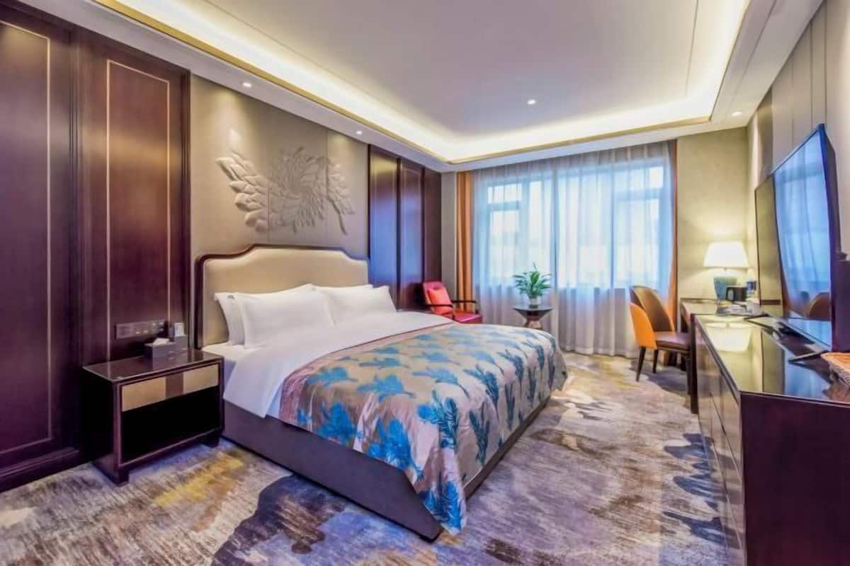 A hotel room with a large bed, a desk, a chair, a TV, and a window with curtains.