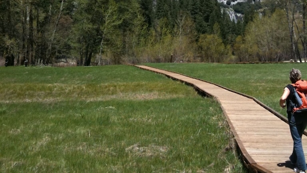 Une promenade en bois qui mène à une cascade, avec une montagne rocheuse en toile de fond.