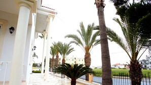 A covered walkway with palm trees, a tiled floor, and a fence.