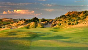 Un parcours de golf avec des collines verdoyantes et des arbres dispersés.