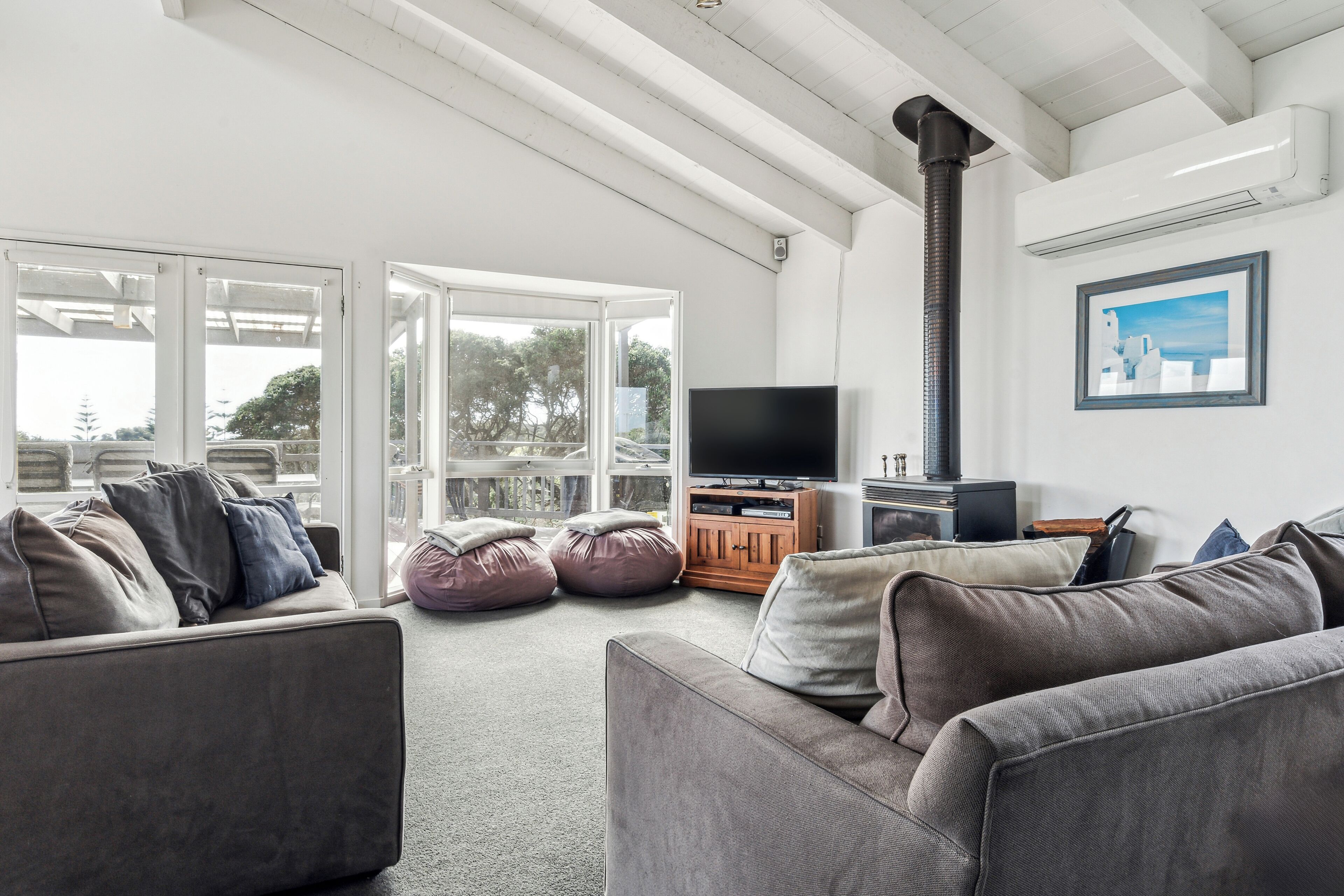 Smart TV, fireplace, video game console, DVD player