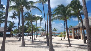 Un resort en la playa con palmeras, construcciones de techo de paja y una playa de arena.