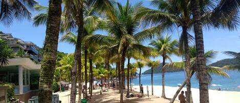 En la playa y camastros