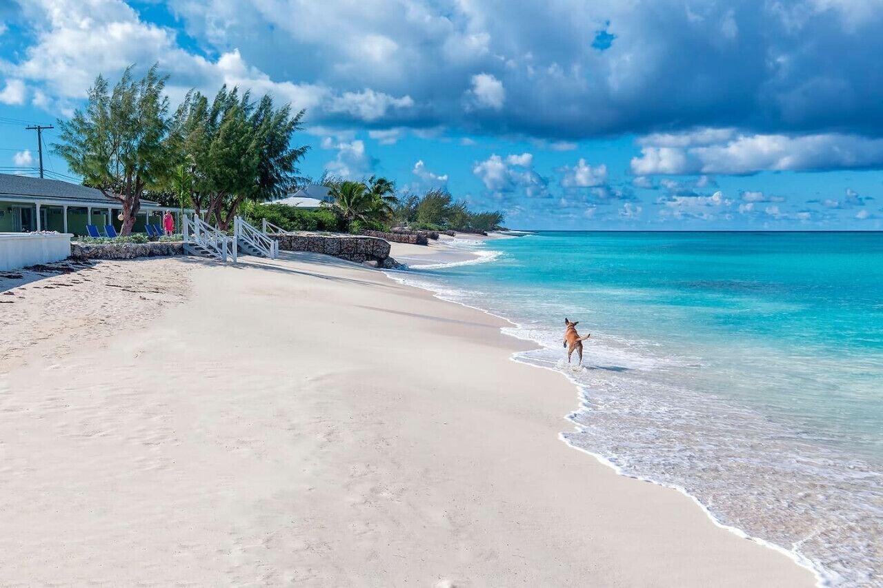 A beach with a clear view of the ocean, a person walking along the shore, and a building with a porch and chairs.
