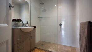 Shower, jetted bath, hair dryer, towels