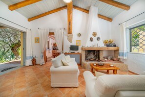 Een televisie, een open haard, een dvd-speler en een stereo