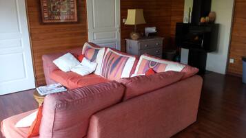 Televisión, chimenea, reproductor de DVD y tenis de mesa