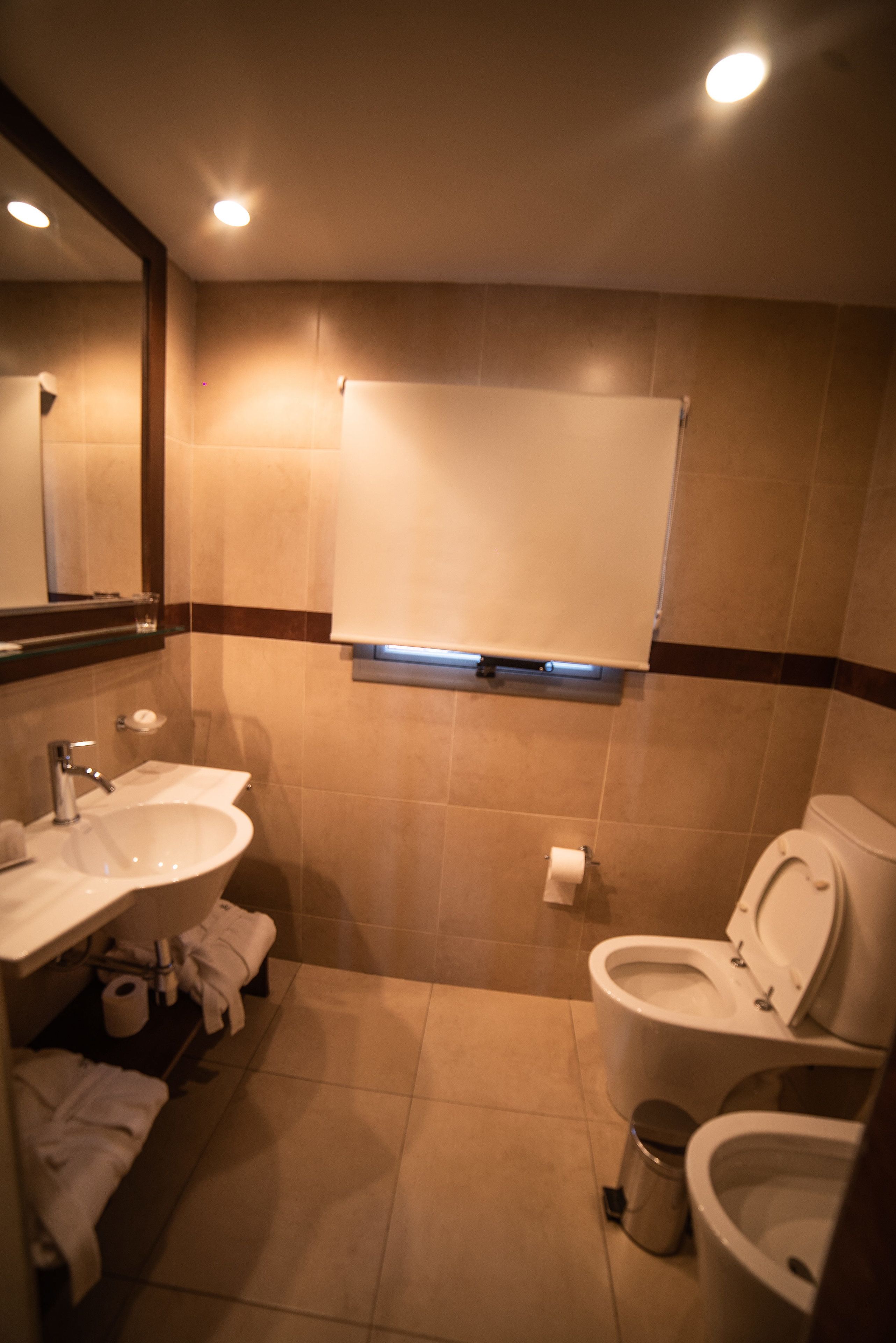 A bathroom with a sink, toilet, and mirror.