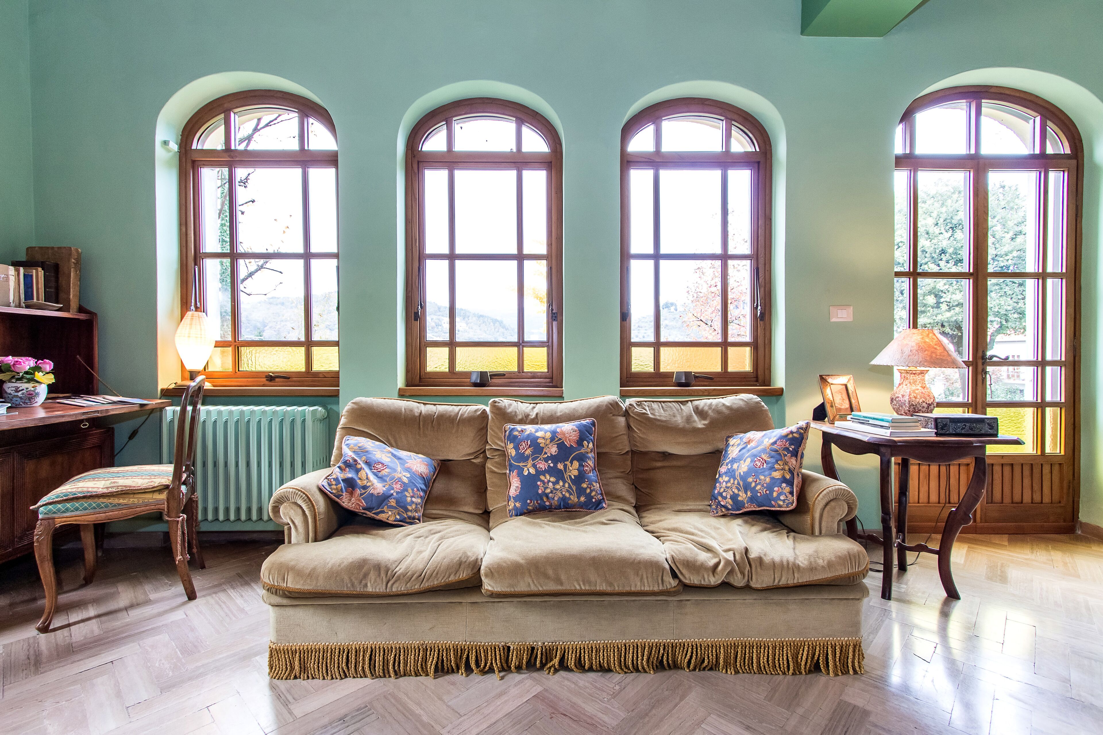 Télévision, cheminée, livres, chaîne hi-fi