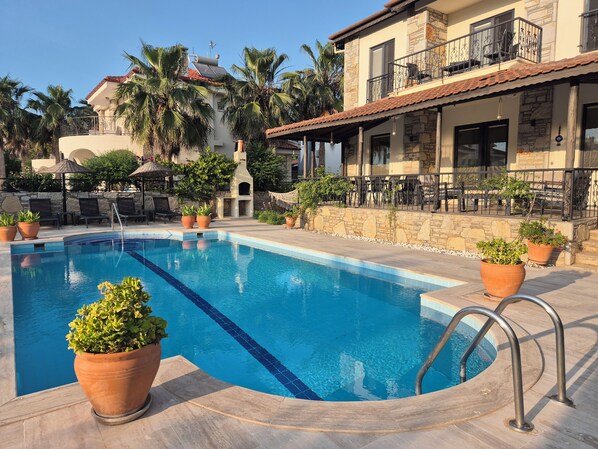 A swimming pool with a stone deck, surrounded by potted plants and a stone wall.
