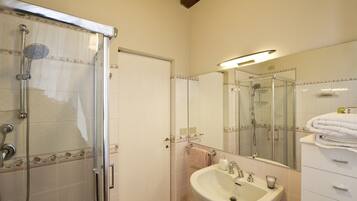 Shower, hair dryer, bidet, towels
