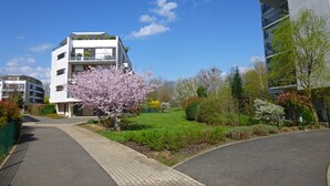Ein modernes Mehrfamilienhaus mit gepflastertem Weg und einem gepflegten Garten.