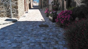 A cobblestone pathway leading to a stone building with a metal gate and potted plants.