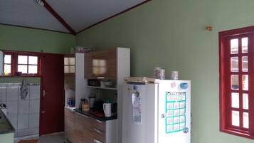 Fridge, microwave, stovetop, cookware/dishes/utensils