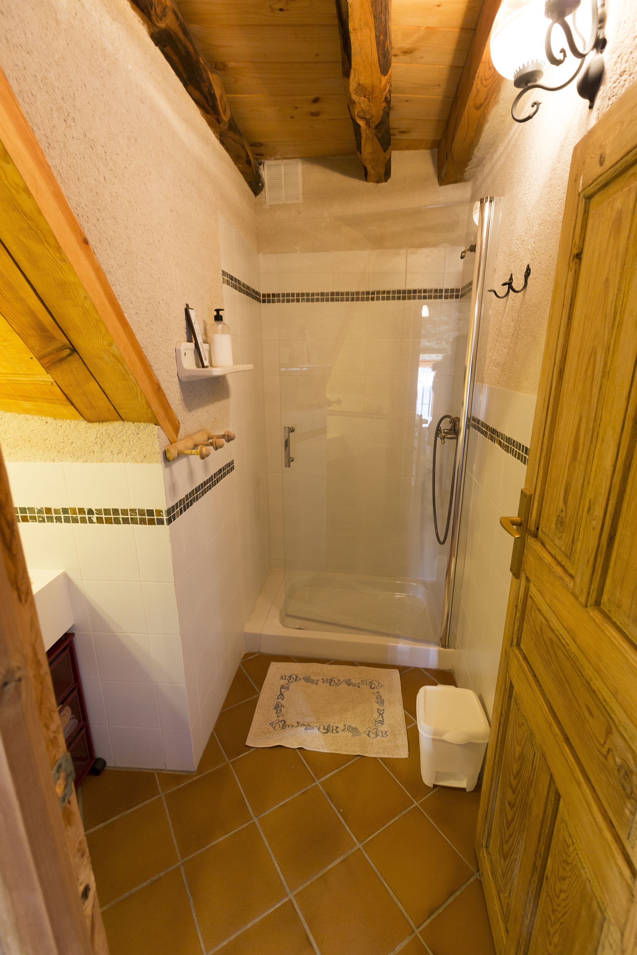 Douche, sèche-cheveux, serviettes fournies, savon
