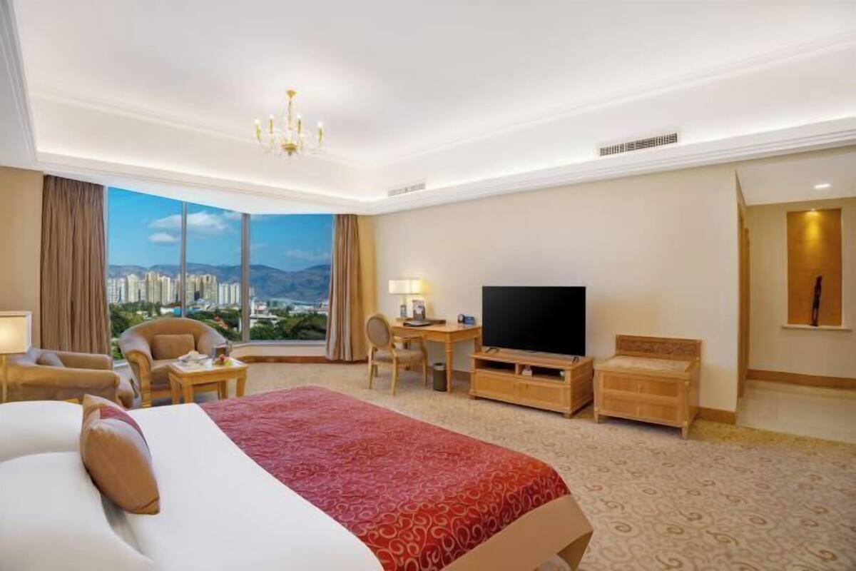 A hotel room with a large bed, a desk, a television, and a view of a cityscape.