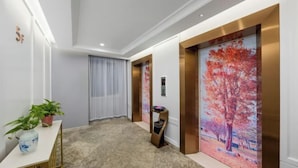 Un pasillo moderno con pared blanca, un elevador con marco dorado y un cuadro de un árbol.