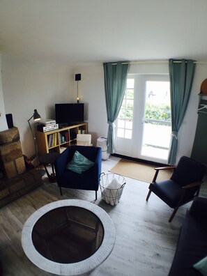 Smart TV, fireplace, DVD player, books