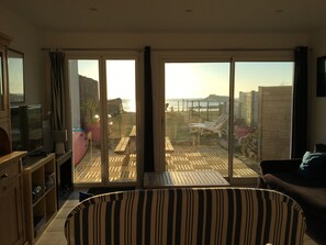 Televisión, chimenea, libros, estéreo