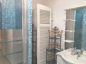 Shower, hair dryer, towels