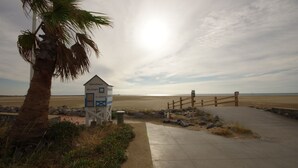 A beachside pathway leading to a lifeguard station with a palm tree and a wooden fence.