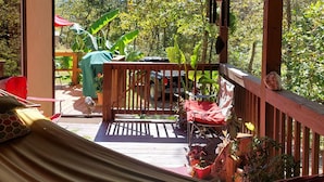 A wooden deck with a hammock, chairs, and potted plants. - Relax and Rejuvenate in this Peaceful, Wooded Oasis. (Eureka Springs)