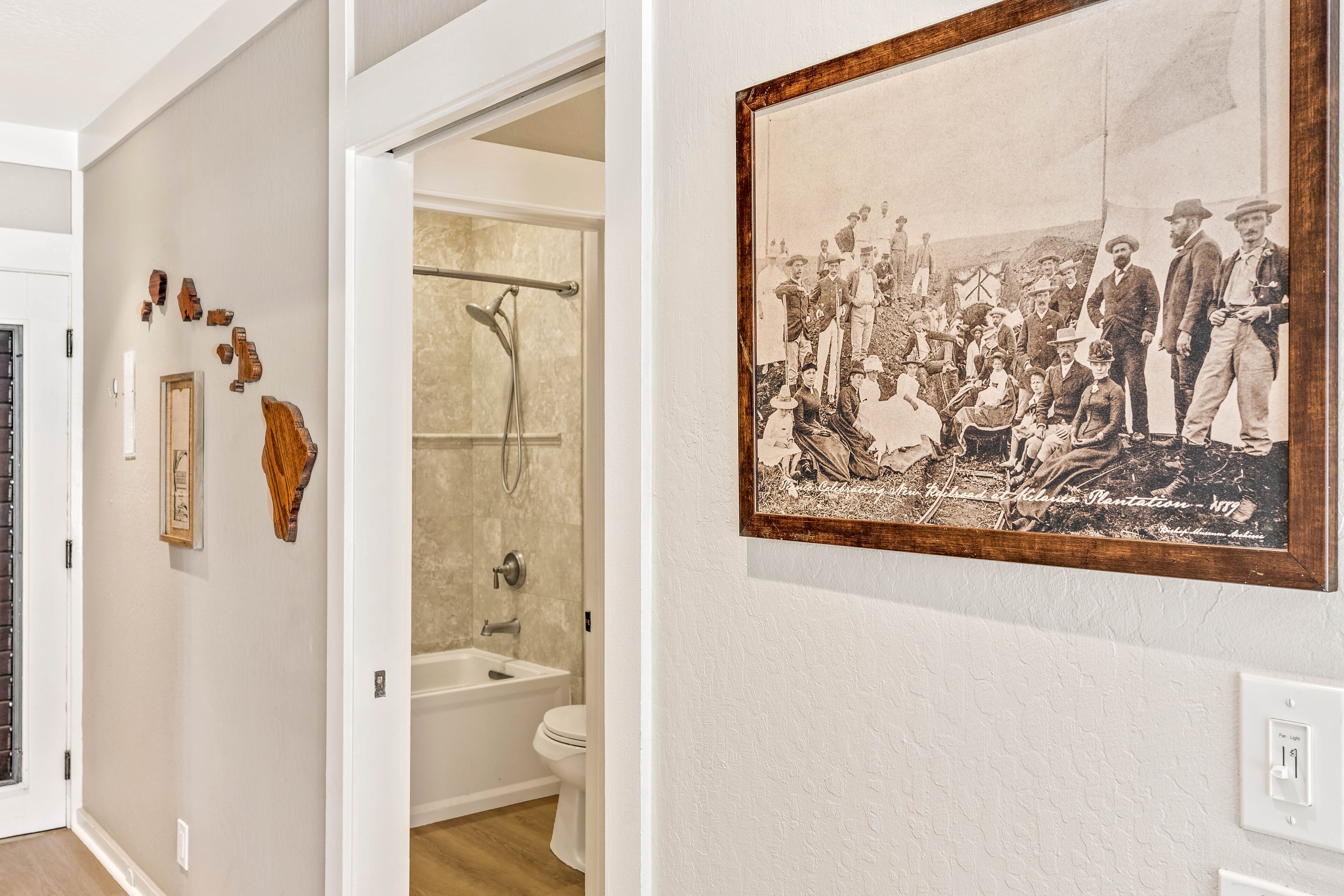 Combined shower/tub, hair dryer, towels, soap