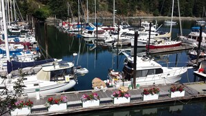 Un puerto deportivo con varias embarcaciones amarradas, pasarelas de madera y macetas con flores a lo largo de los muelles.