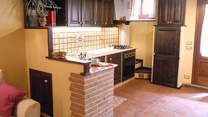 Une cuisine de taille réduite avec des meubles en bois foncé, un pare-feu en carreaux et un mur d’accent en briques.