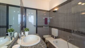 Combined shower/tub, hair dryer, bidet, towels