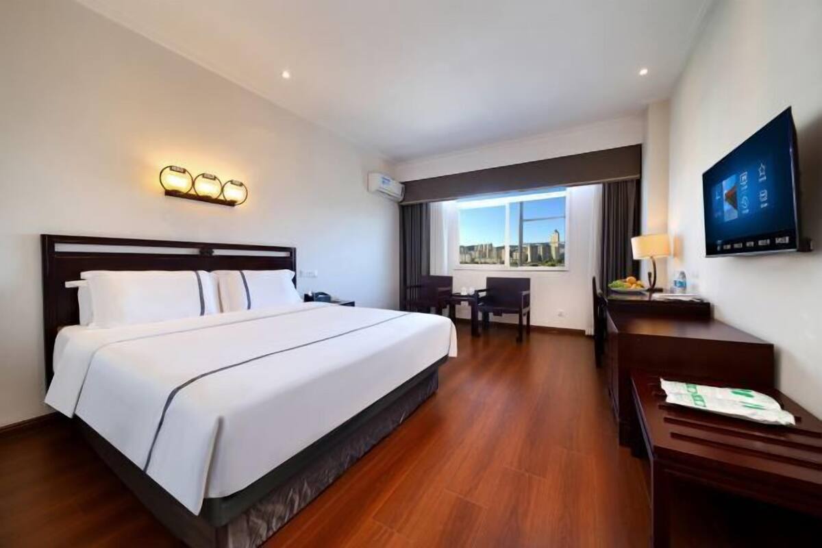 A hotel room with a bed, desk, chair, TV, and a window with a city view.