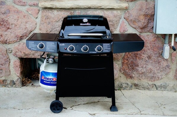 A portable gas grill with four control knobs, a propane tank, and a stone wall background.