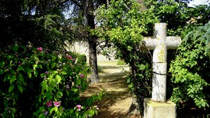 A stone cross in a garden with a path leading through it. - Maison de Maître 12 pers / private pool - Biran- GERS  (Biran)