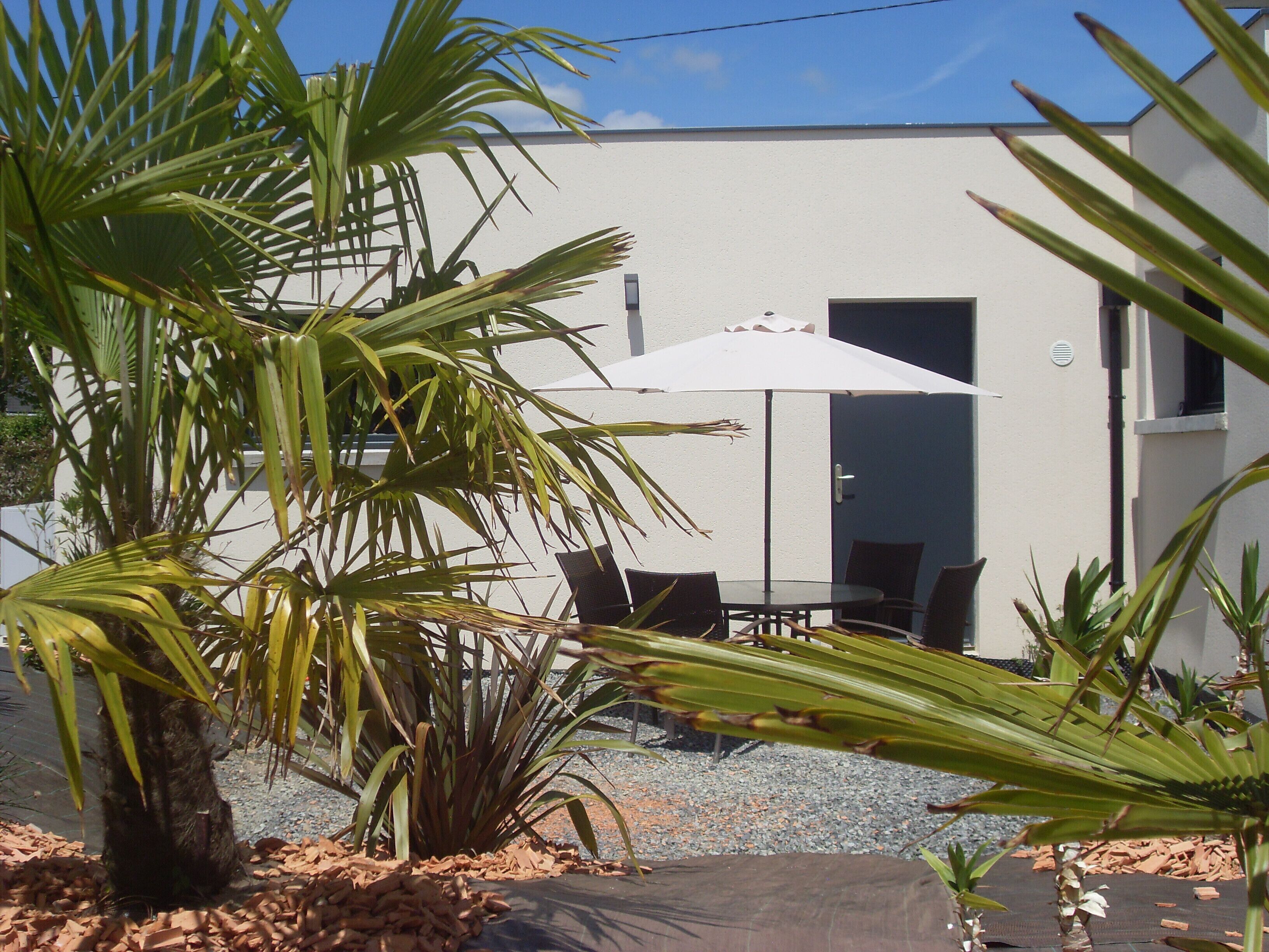 A patio area with a table and chairs under an umbrella, surrounded by palm trees and a white building.