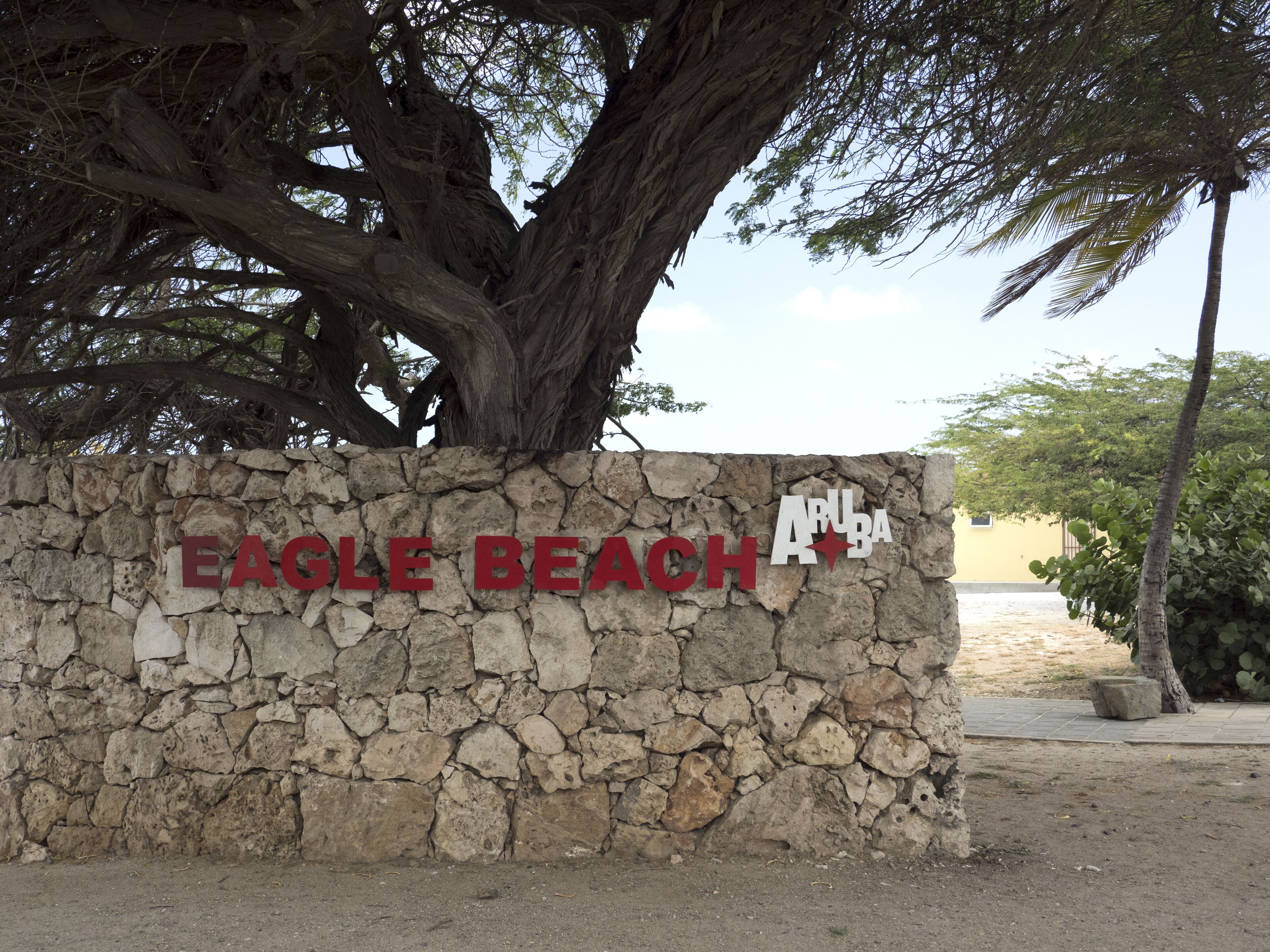 Eine Steinmauer mit dem Schriftzug "EAGLE BEACH" und einer Palme.
